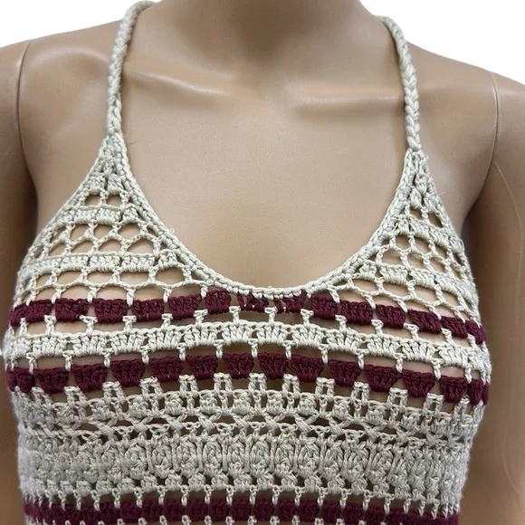 Full Tilt Cream Burgundy Boho Open Crochet Knit Cotton Blend Tank Top Womens XS - Picture 4 of 10